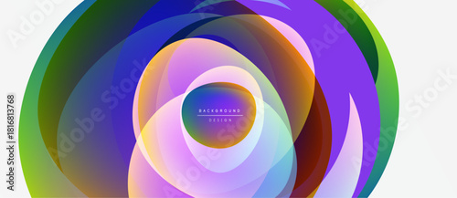 Abstract colorful layers create dynamic circular design. Vibrant hues blend, forming modern background element. Smooth gradients suggest movement.