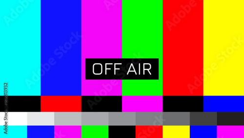 Vibrant off air signal pattern, broadcasting outage, television error screen, communication failure, retro test card, colorful bars for digital media