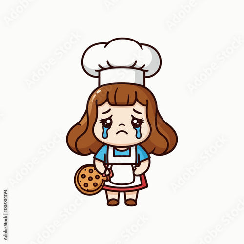 Cute Flat Vector Portrait of a Sad Woman or Girl Baker with a Melancholy Expression. Chef Character Experiencing Stress and Disappointment While Cooking Dessert or Pastry.