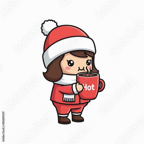 Kawaii Hot Cocoa Drinker Icon Set Element. Minimalist and Modern Cute Cartoon Character enjoying warm Christmas beverage, perfect for UI/UX elements and digital web banners.