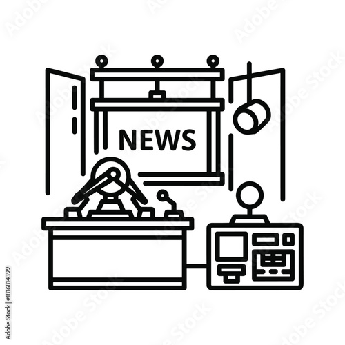 Line art icon representing a television news studio setup with anchor desk, camera, and control panel, isolated on