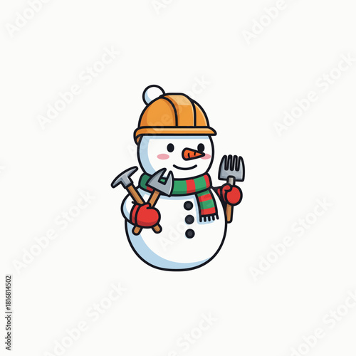 Winter construction worker concept. Cute cartoon Snowman Builder vector graphic in simple flat style. Noah the Snowman mascot icon holding DIY tools and equipment for renovation.