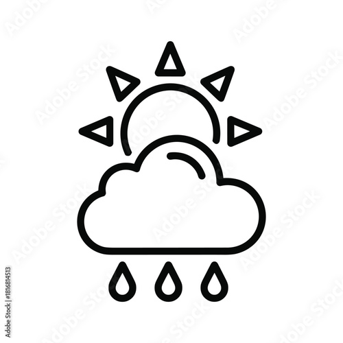 Simple black line icon representing a weather condition with sun, cloud, and rain drops, isolated on