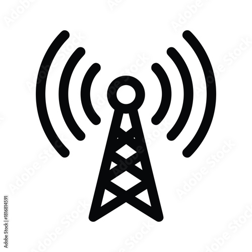 Simple black line icon of a radio transmission tower broadcasting signal waves, isolated on