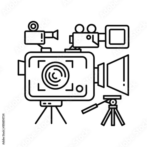 Line art icon of a professional video camera setup on a tripod for film production, isolated on