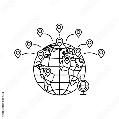 Global podcasting network concept with microphone and location pins connected to the earth icon