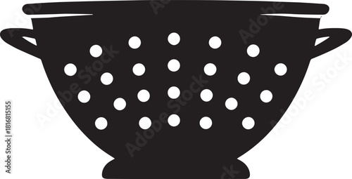 Black and white colander illustration ideal for cooking blog recipe icon or kitchen utensil design element featuring simple bold shape