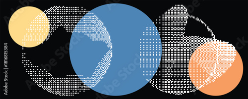 Retro dither circle composition for video. Vintage bitmap texture. Bit gradient circles for graphic layouts . Pixel gradients effect. 