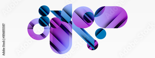 Abstract shapes, vibrant colors, overlapping forms create dynamic composition. Purple, blue hues dominate design. Modern aesthetic.