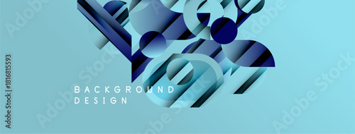 Abstract geometric shapes, blue tones dominate. Background design suggests modern aesthetic, clean lines, depth. Minimalist composition.