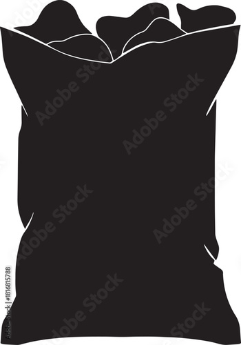 Black silhouette of a bulging sack filled to the brim offering a minimalist aesthetic and symbolic weight