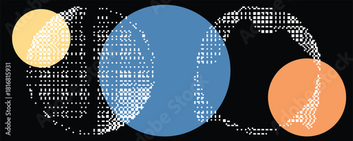 Retro dither circle composition for video. Vintage bitmap texture. Bit gradient circles for graphic layouts . Pixel gradients effect. 