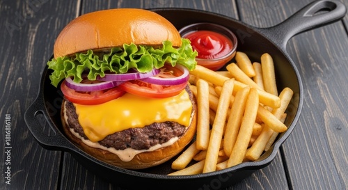 Delicious cheeseburger with fries and ketchup served on a black pan