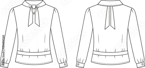 Blouse fashion sketch, front and back view, bow neckline, pleated waistband, technical illustration, stylish top, garment design, apparel