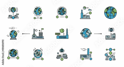 Comprehensive Set of Global Industry and Supply Chain Line Icons Illustrating Worldwide Manufacturing, Logistics, Data Networks, and Sustainable Business Processes for Modern Enterprises