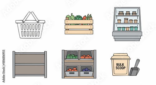 Supermarket and grocery store elements illustrated as a set of clean line icons, including a shopping basket, shelves with produce, and bulk food containers