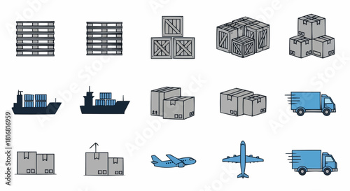 A comprehensive set of line art icons for logistics and supply chain management, illustrating global freight, cargo shipping, and various transportation methods
