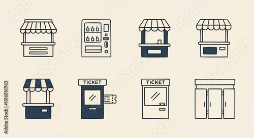 Various simple illustrations of vending machines and booths for tickets and stalls