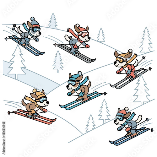 Whimsical canine skiers cascade down snowy slopes in a lively winter scene for kids