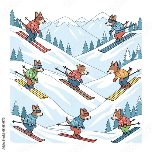 Whimsical dog skiers descending slopes in a winter scene, a playful cartoon illustration