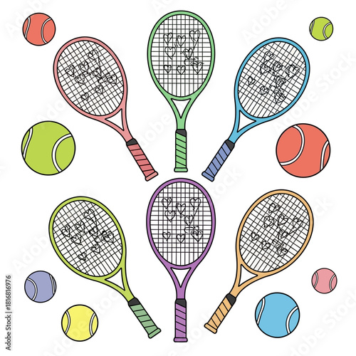 Vibrant assortment of tennis rackets and balls creating a dynamic symmetrical arrangement
