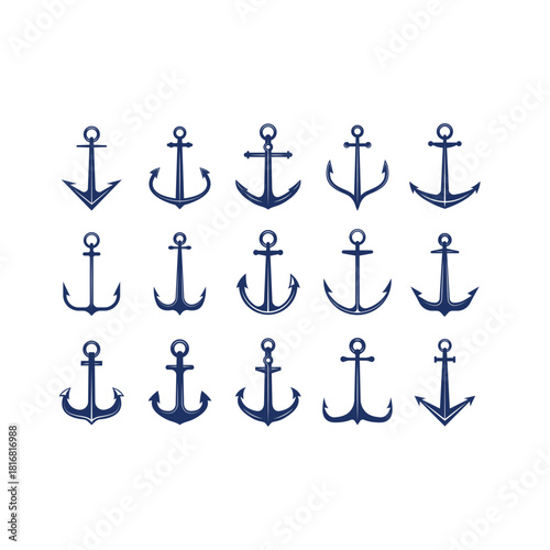 Collection of Fifteen Dark Blue Anchor Icons navy blue
