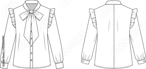 Blouse fashion sketch, front and back view, bow tie neckline, ruffle shoulder detail, technical illustration, stylish top, garment design