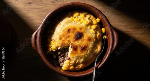 Delicious corn pie with crust in rustic bowl overhead view