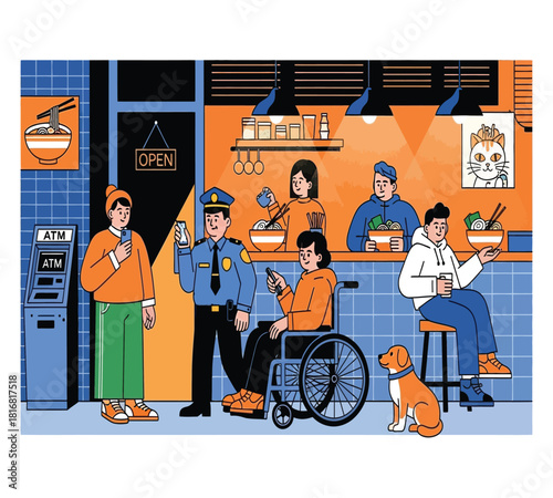 Illustration of urban night scene at a ramen shop, showing diverse people including a police officer, a customer in a wheelchair, and a server, with atms nearby