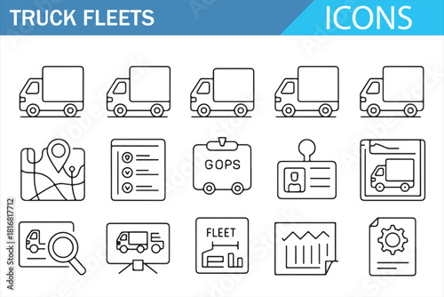Thin-line trucking icons for freight services, route planning, and fleet monitoring