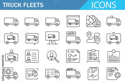Modern line-style transportation icons featuring delivery trucks and fleet operations