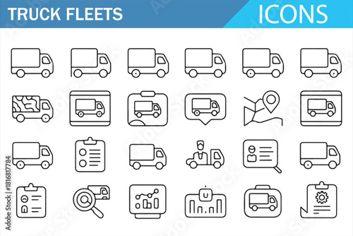 Set of outline icons representing truck fleets, logistics tracking, and freight management