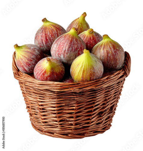 Harvesting fresh figs from a rustic basket in a natural isolated on transparent background