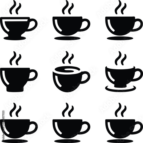 A set of 8 identical high-demand clipart icons — solid black silhouette coffee cup with rising steam, arranged in a clean grid. Crisp vector-style, smooth edges, transparent PNG background, perfect fo