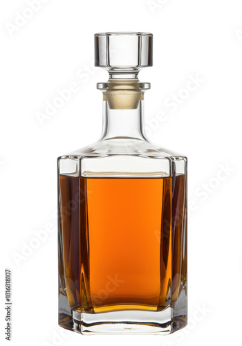 Elegant transparent decanter, golden amber spirit, cork, against white background, copy space, soft studio light, macro details. Luxury advertising concept