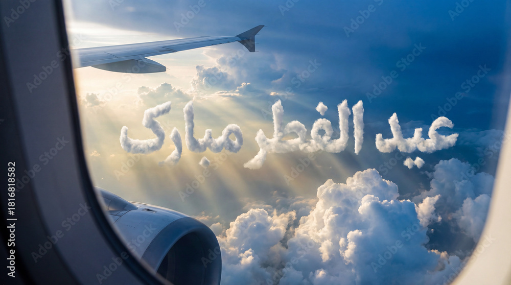 Obraz premium Eid al-Fitr Mubarak Cloud Calligraphy View from Airplane Window