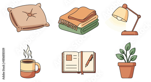 Cozy home vector essentials for ultimate comfort and relaxation; featuring pillow, blankets, warm drink, lamp, journal, and plant illustrations on transparent background