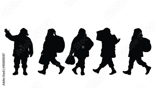 Black Santa Claus silhouettes collection – 5–6 different poses including carrying gifts, waving, walking, minimalist holiday vector on white background