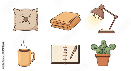 Collection of cozy and comfortable household items for a relaxed home environment, suitable for study, reading, or daily relaxation, presented as vector illustrations on transparent background