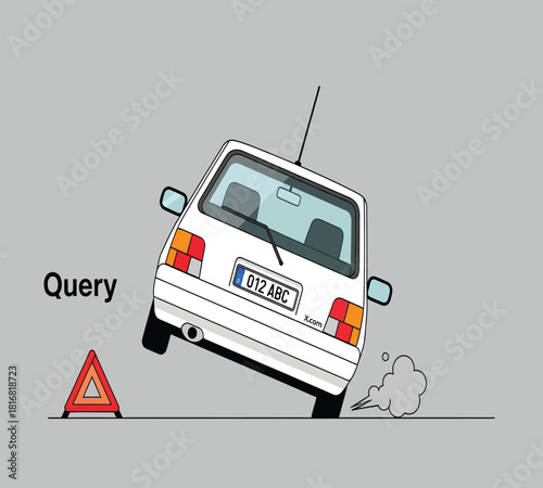 Illustration of a white car is depicted in a precarious, tilted position, with smoke emanating from its wheel, next to a red warning triangle on a grey background, symbolizing a query or problem