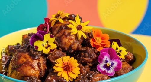 Delicious dish of cooked food with edible flowers in a bright bowl