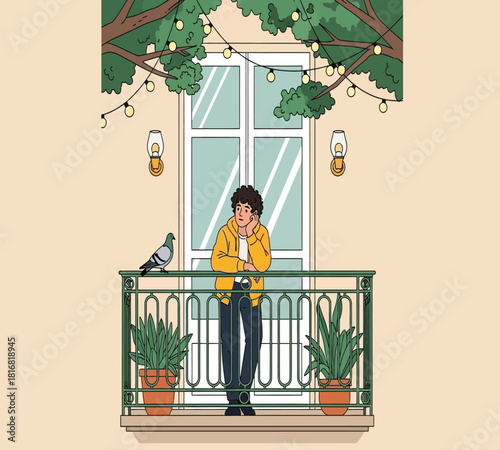 Illustration of a person with curly hair standing on a balcony, leaning on a green railing, with a pigeon and potted plants, string lights, and foliage above a door