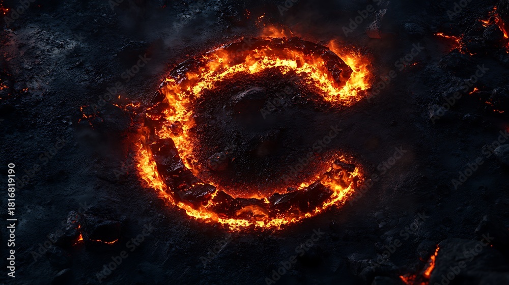 Fototapeta premium C letter made of molten lava and fire, glowing brightly on a dark, rough volcanic ground, creating a powerful fiery effect.