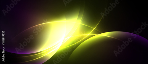 Abstract design features vibrant yellow, purple glows. Smooth curves create dynamic energy, contrasting dark background. Light radiates, forming elegant shapes.