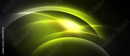 Bright yellow curves radiate from central point against dark background. Smooth gradients create dynamic visual effect. Modern design.