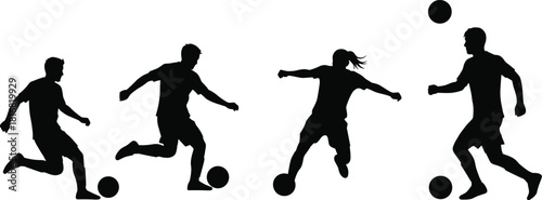 Soccer silhouettes, dynamic poses, athletic motion, kicking ball, dribbling action, sports icon, black figures, teamwork, running players, game energy