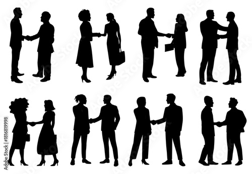 Black silhouette set of business people in meetings and conversations, including handshake scenes. Minimalist vector design on a white background with clean, sharp edges.
