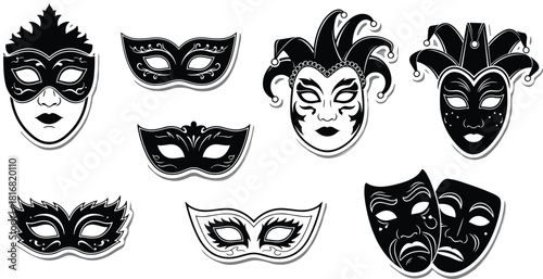 Theatrical masks, masquerade icons, carnival silhouettes, comedy tragedy, ornate design, cultural art, black white, performance theme, festival, dramatic expression