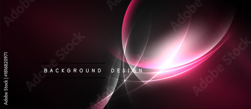 Abstract background features flowing curves, vibrant pink highlights, dark gradients. Modern design evokes energy, movement, sophistication.