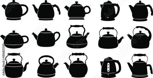 Teapot silhouettes, kettle icons, black shapes, kitchen tools, vintage design, modern appliances, spout styles, handle variety, cookware, collection